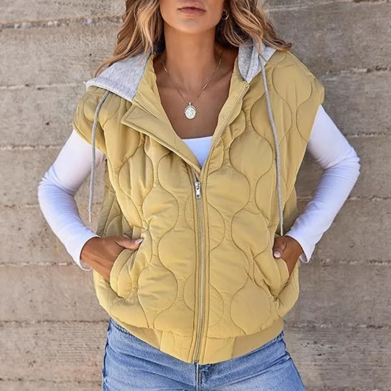 Women's Color-Block Sleeveless Jacket Autumn 2026 Versatile Drawstring Hooded Vest Simple Design Hot Selling
