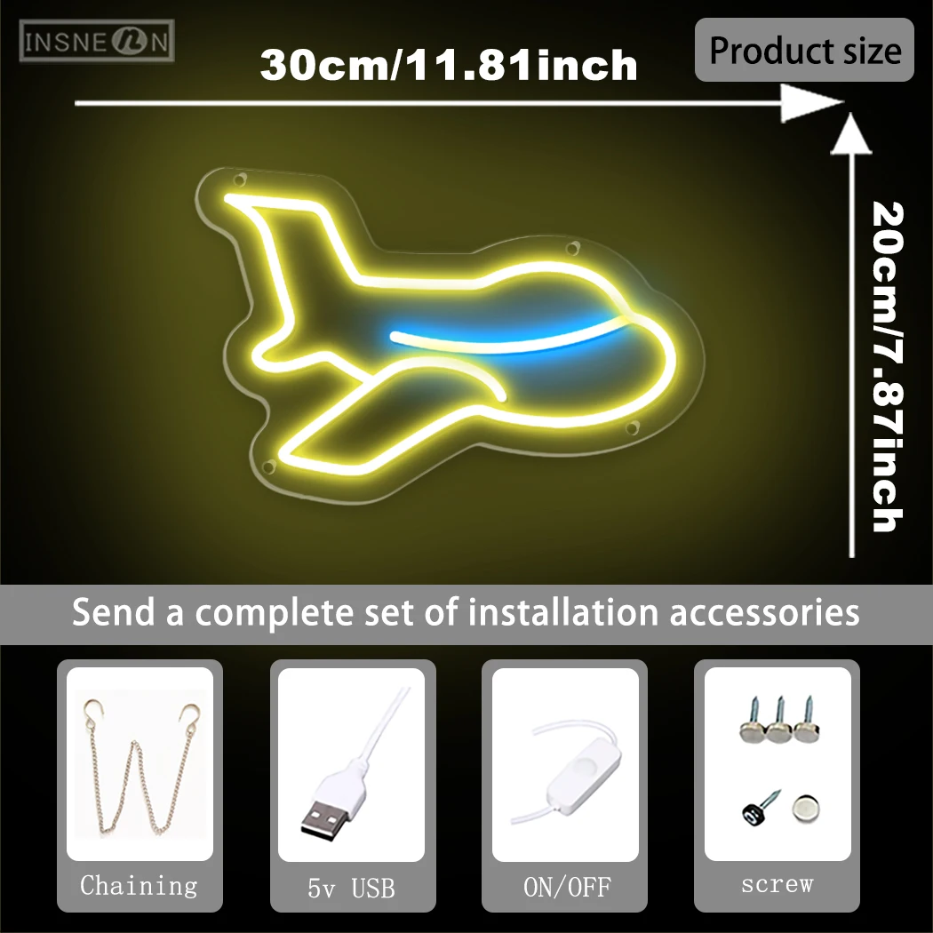 อุปกรณ์เสริมไฟนีออน LED ของเครื่องบิน 1 ชิ้นเหมาะสําหรับการตกแต่งและมอบของขวัญในห้องนอนห้องเด็ก