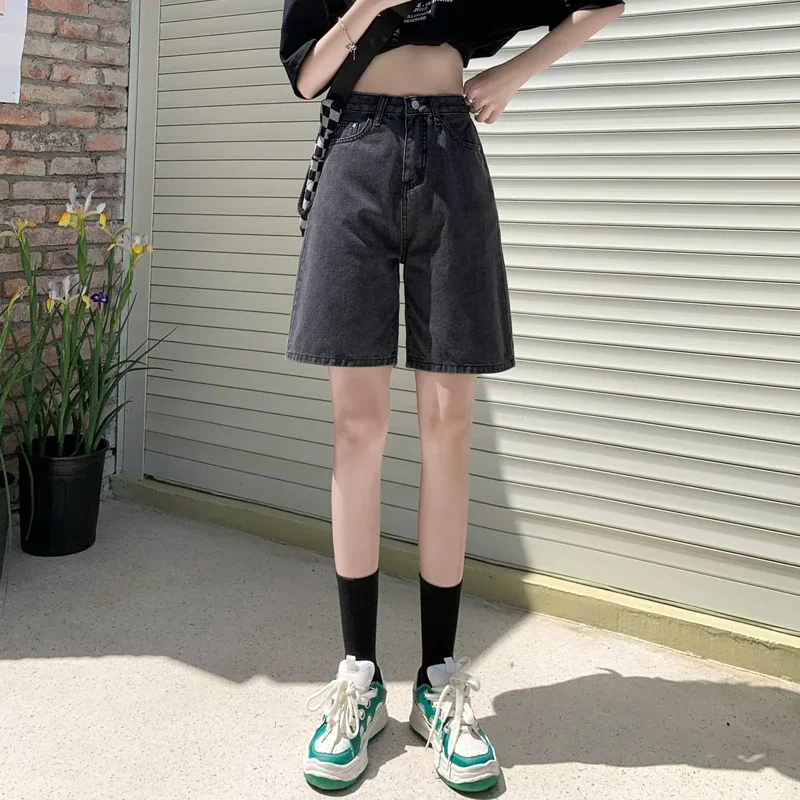 

Wide High Waisted Black Shorts Jeans Women Y2k Summer Female Vintage Blue Straight Denim Short Korean Casual Knee Length Pants