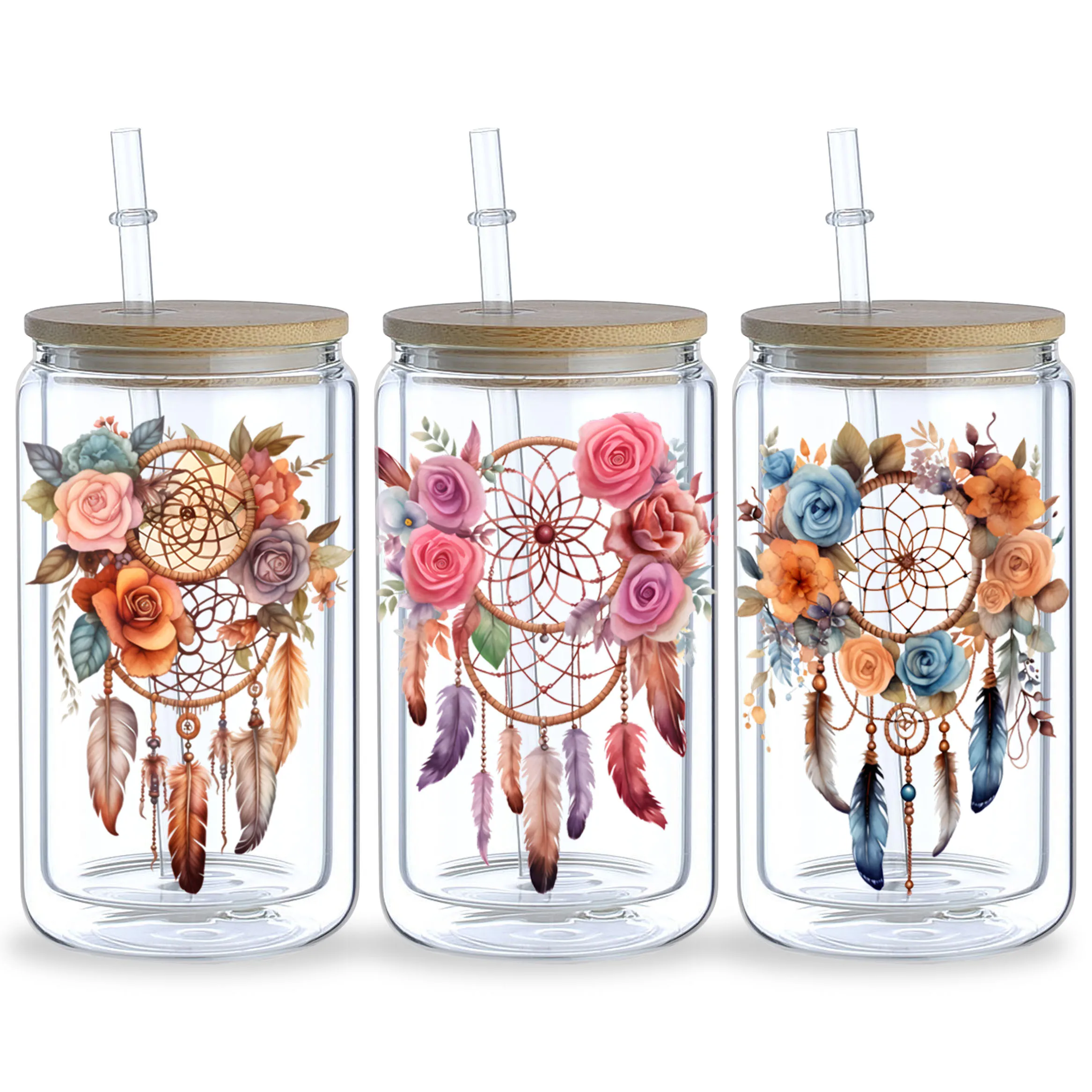 5 Sheets Dream Catcher UV DTF Cup Stickers 16 oz, DTF Friction Transfer Stickers, Waterproof Dream Catcher Stickers for DIY
