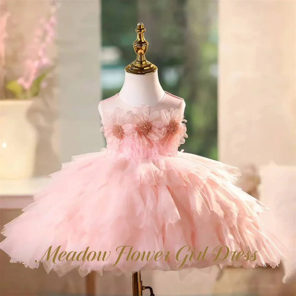 Meadow Blush Pink Kids Birthday Party Dress Round Neck Sleeveless Pageant Dress for Girl 3D Flower Fairy First Communion Gown
