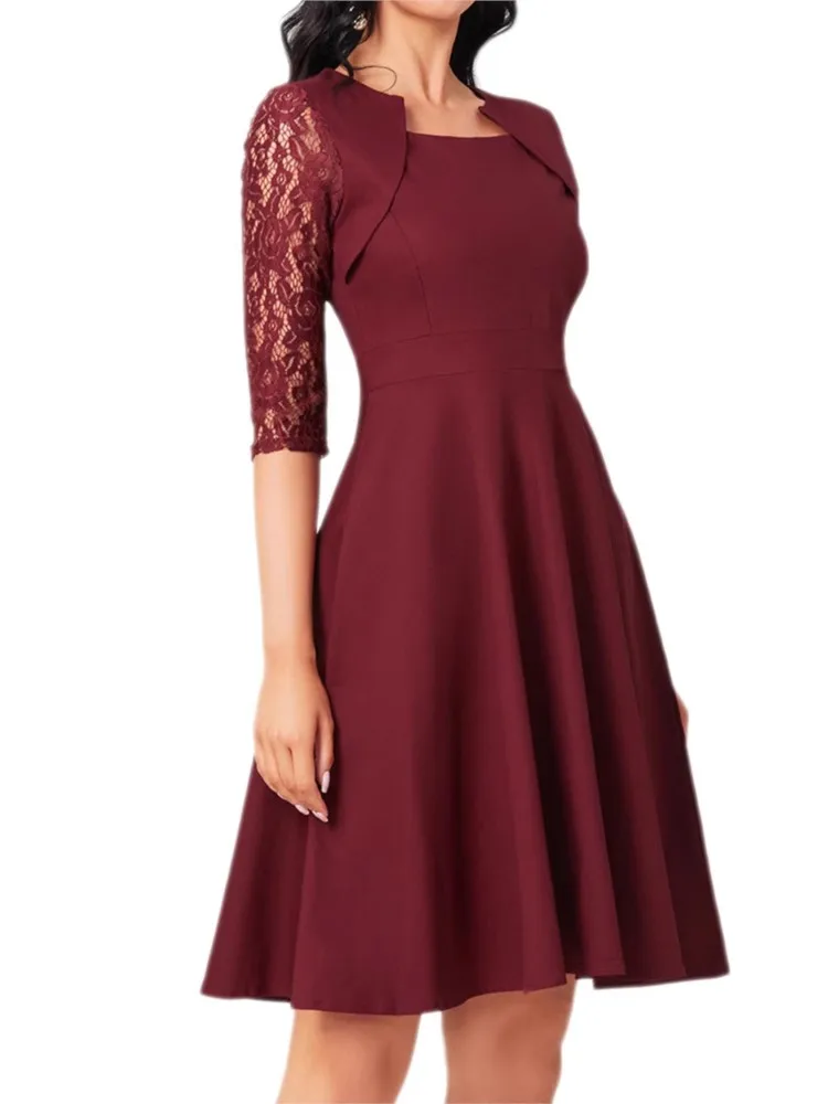Damen-Kleid mit Spitzen-Patchwork-Ärmeln, rotem quadratischem Ausschnitt, Frühling und Sommer, elegantes, tailliertes, großes Swing-Kleid mit 7-Zoll-Ärmeln