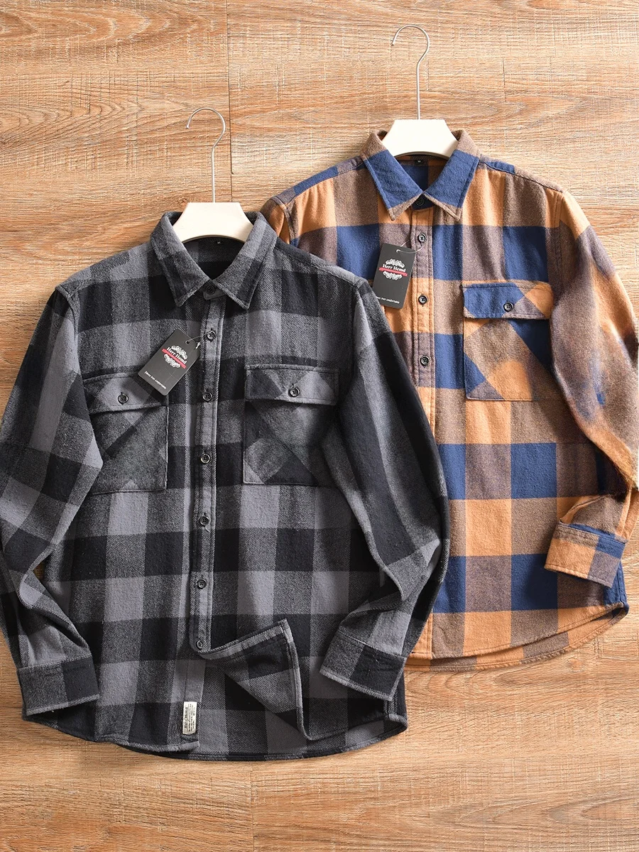 Thickened Scottish Style Men's Shirt Coat Youth Fashion Plaid Flannel Collar Long Sleeve Standard Fit Autumn Spring Outerwear