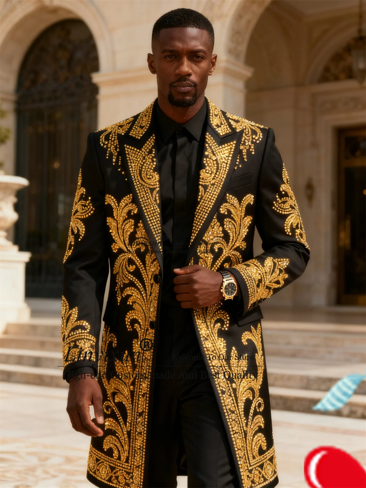 

Glitter Ornament Rhinestones Men Suits 2 Pieces Sets Groom Male Blazers Customized Wedding Party Tuxedos Long Coats Ropa hombre