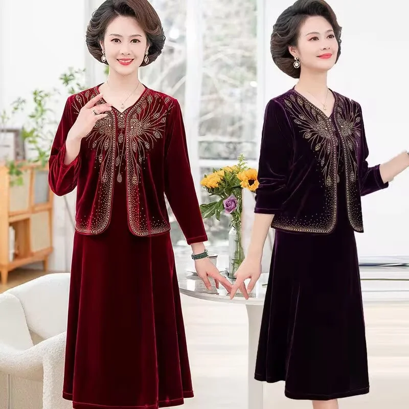 Vestido de novia de dos piezas con diamantes de la industria pesada, Conjunto elegante de terciopelo dorado para madre y chaqueta, otoño e invierno, 2022