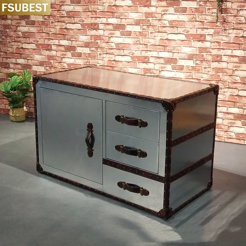 FSUBEST American Rural Style Sofa Side Table Coffee Table Industrial Style Aluminum Storage Side Cabinet Simple Bedside Table