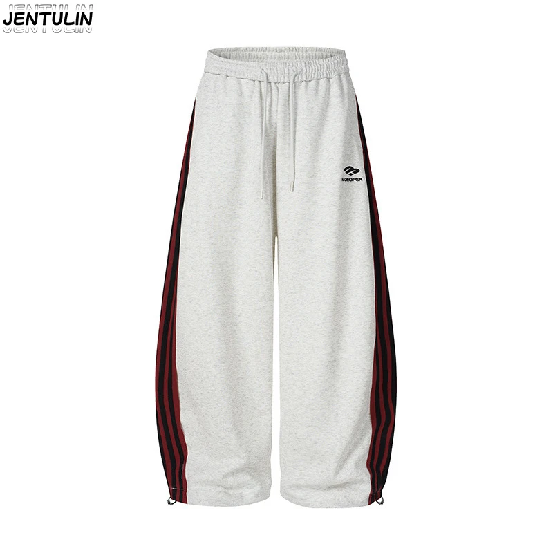 

Американские ретро-спортивные брюки в полоску с вышитыми узорами, свободные, широкие, с завязками на щиколотках, для мужчин и женщин