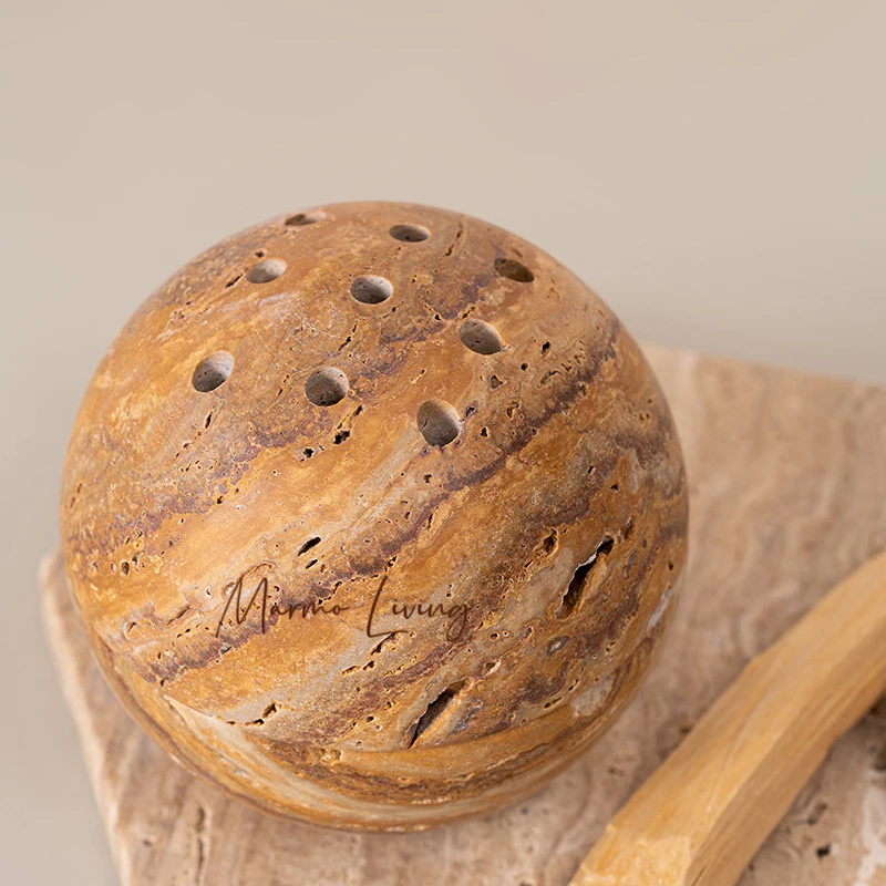 

Beige Brown Travertine Marble Incense Burner Religious Ball Shape Stone Incense Holder Home Stone Ornament Plate Decorative Tray