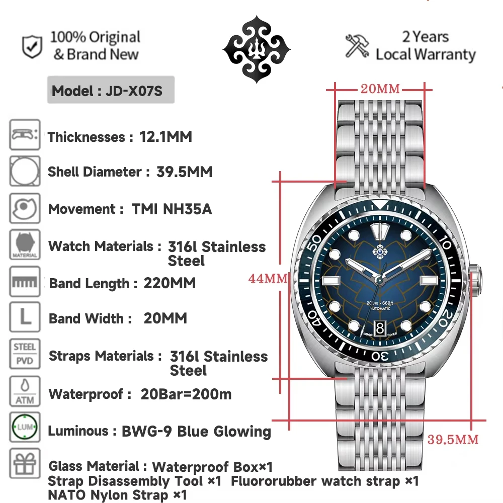 IXDAO IPOSE Automatic Mechanical Men's Watch JD-X07S Dragon Scale Pattern Diving Watch 20Bar Stainless Steel BWG-9 reloj hombre