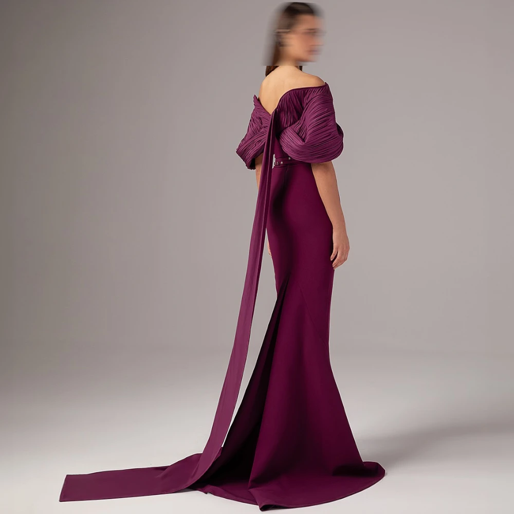 

Вечернее платье из фиолетового джерси по индивидуальному заказу, мягкое платье с вырезом лодочкой и открытыми плечами, платье знаменитости в стиле бохо, платье для выпускного вечера со шлейфом русалки