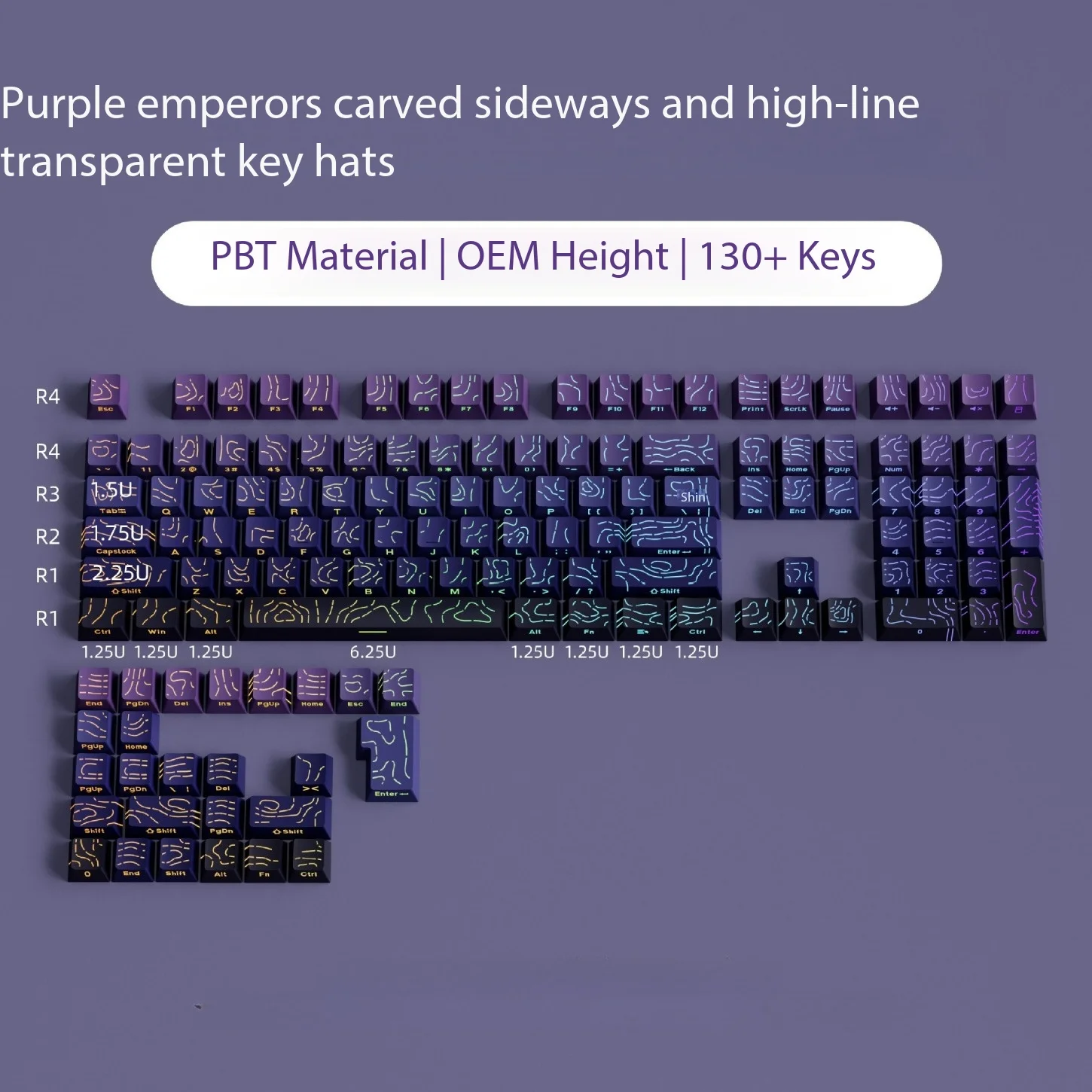 2026 OEM Profile PBT Keycaps 133+ Keys Contour Gradient Crack Pattern Black Purple Side Printed for 61-108 Mechanical Keyboards - view 6
