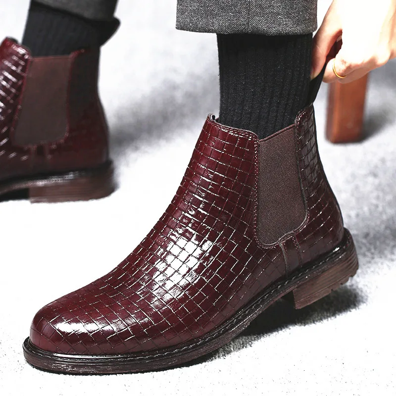 Plus Size 38-48 Vintage Quality Square Heels Patent Leather Knit Men's Short Ankle Boots 2023 Spring Formal Dress Shoes Work