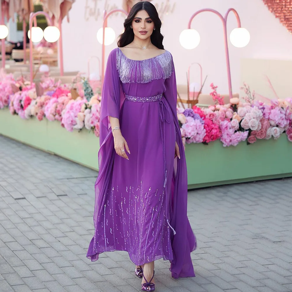 Suknia wieczorowa Arabia Saudyjska szyta na miarę, dekolt okrągły, długie rękawy, luksusowe koraliki, cekiny, szyfonowa letnia suknia na wesele/imprezę.