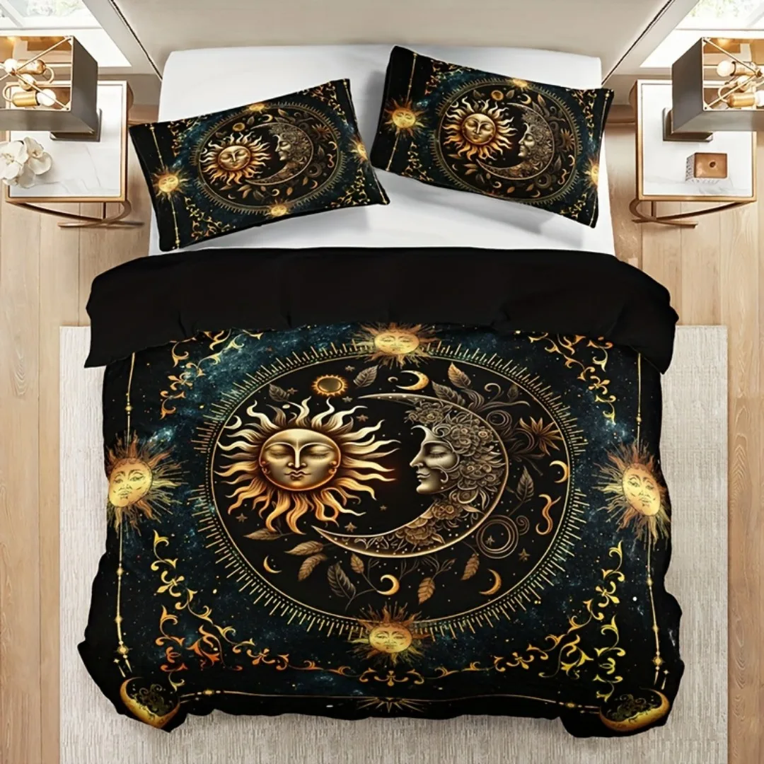 Celestial Digital Printed Bedding Set Son Moon Duvet Cover Set Breathable Fabric Golden Astrological Design King Queen Twin Size