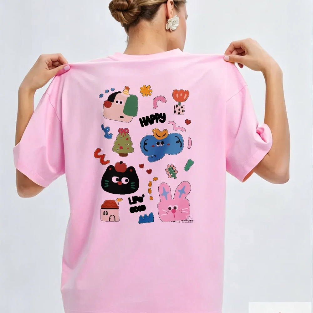 Cartoon Rabbit Cat House Tree Sun Hearts Abstract Patterns Crew Neck Relaxed Fit T-Shirt with Happy Text and High Quality Cotton