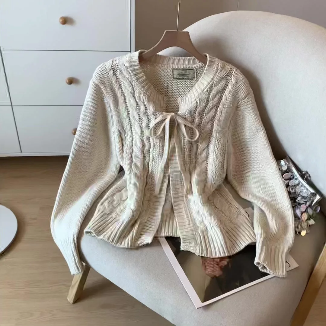 

Женский абрикосовый кардиган, свитер Y2k, винтажный джемпер 2000-х годов, корейский вязаный свитер с длинными рукавами, куртка, верхняя одежда, осень-зима 2025