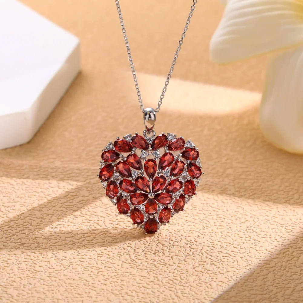 GZ ZONGFA Red Heart Necklace Silver 925 Luxury 7.2ct Garnet Gemstone Fine Jewelry for Women Date Valentine's Day Gift Trendy