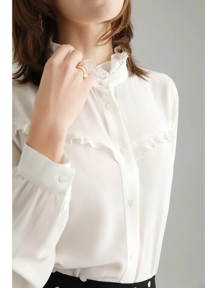 

Birdsky, 1PC Women long sleeve shirts blouse shirt Top wood ear ruffles stand collar 100% real mulberry silk White color. S-473