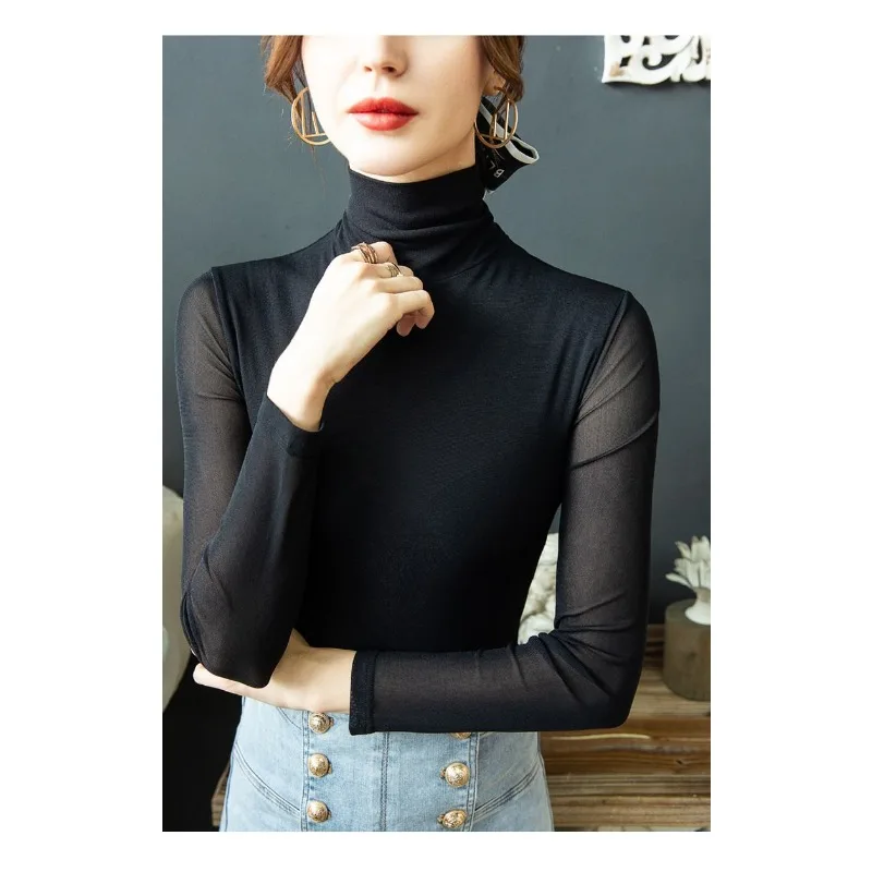 Damska koszulka z golfem, z siateczkowym dołem, w jednolitym kolorze, na wiosnę i jesień, dopasowana, z długim rękawem, modna i uniwersalna.