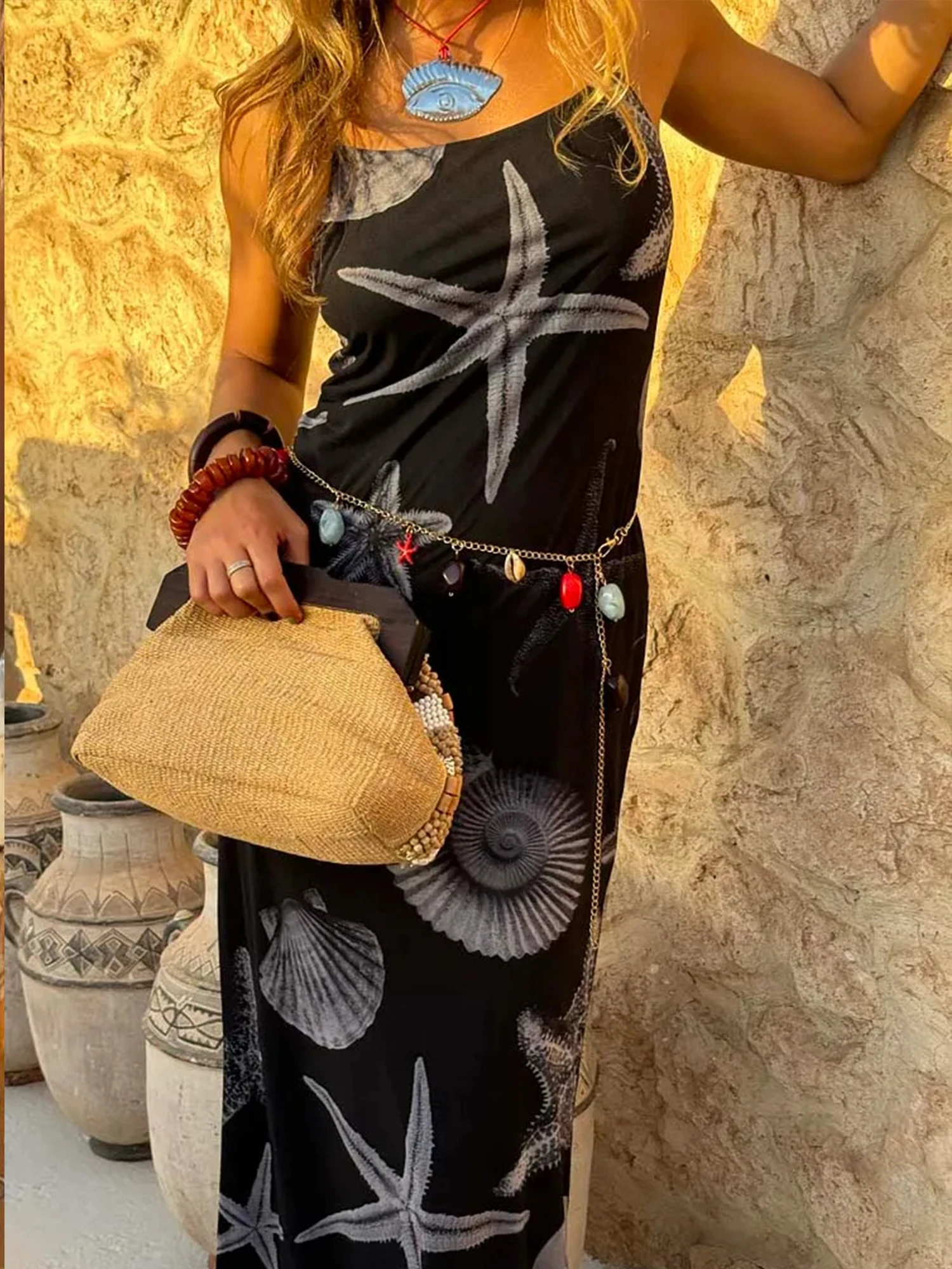 ผู้หญิงฤดูร้อนชุด Cami ยาวแขนกุดเปิดกลับ Seashell พิมพ์ชุดชายหาดสปาเก็ตตี้สายคล้องคอ Backless Bodycon ชุดยาว