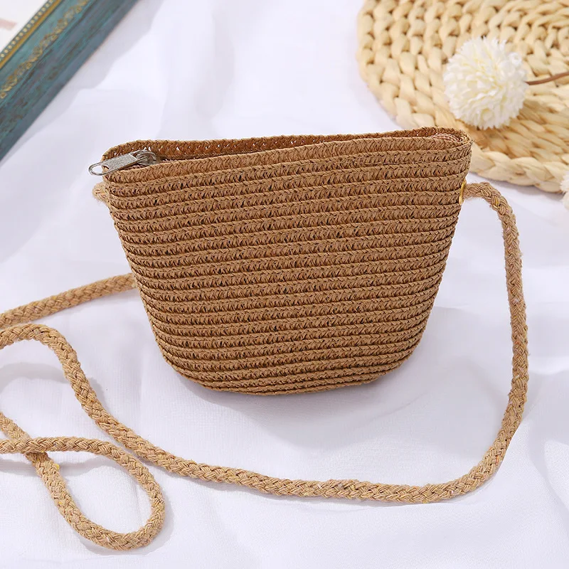 Small Shoulder Bag Women Straw Woven Beach Bag Ladies Rattan Handmade Knitted Bucket Girls Mini Purse Handbags