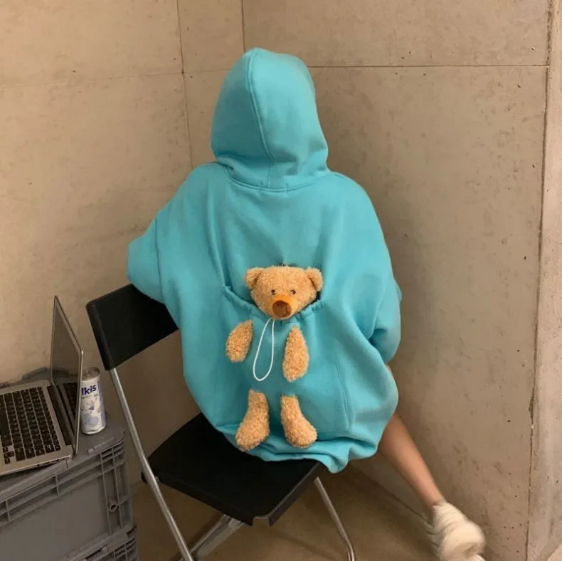 Autumn Winter Women Warm Hoodies Thicken Plush Liner Bear Toy In Back Big Pocket Soft Hooded Sweatshirt Couple Match Pullovers