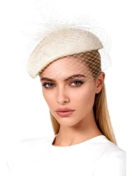 Elegant Sinamay Fascinator Hats in Beige White Black for Women Ladies - Vintage Tea Party Wedding Church Derby Hat with Veil for