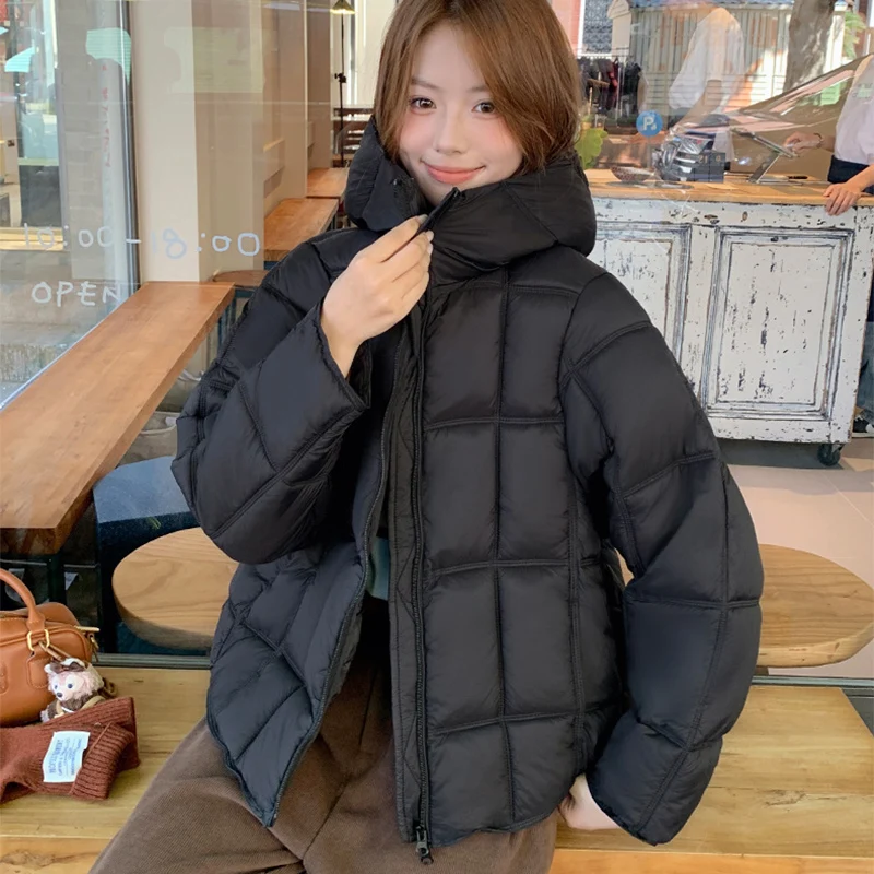 レディースゆったりフード付きダウンコットンコート冬韓国ファッションチェック柄キルティングジャケット怠惰なスタイル軽量パフィーブレッドジャケット
