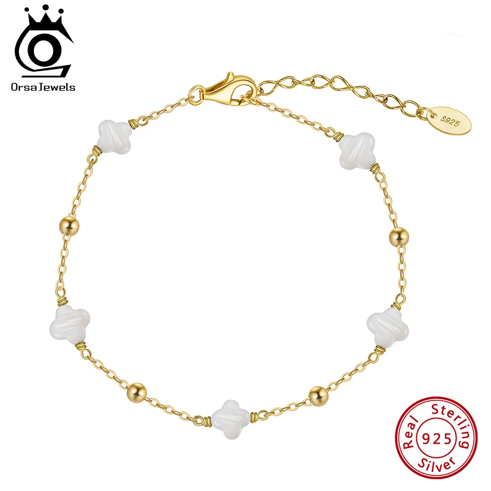 

ORSA JEWELS 925 Sterling Silver Four-leaf Flower Chain Bracelets for Women Girls 2024 Trend 14K Gold Plated Jewelry Gift GMB65