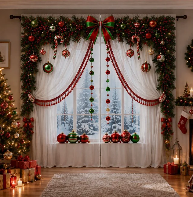 2Pcs Christmas Window Curtains, White Sheer Snowy Forest Red Green Bow Garland Xmas Ball Pocket Drapes Bedroom Christmas Decor