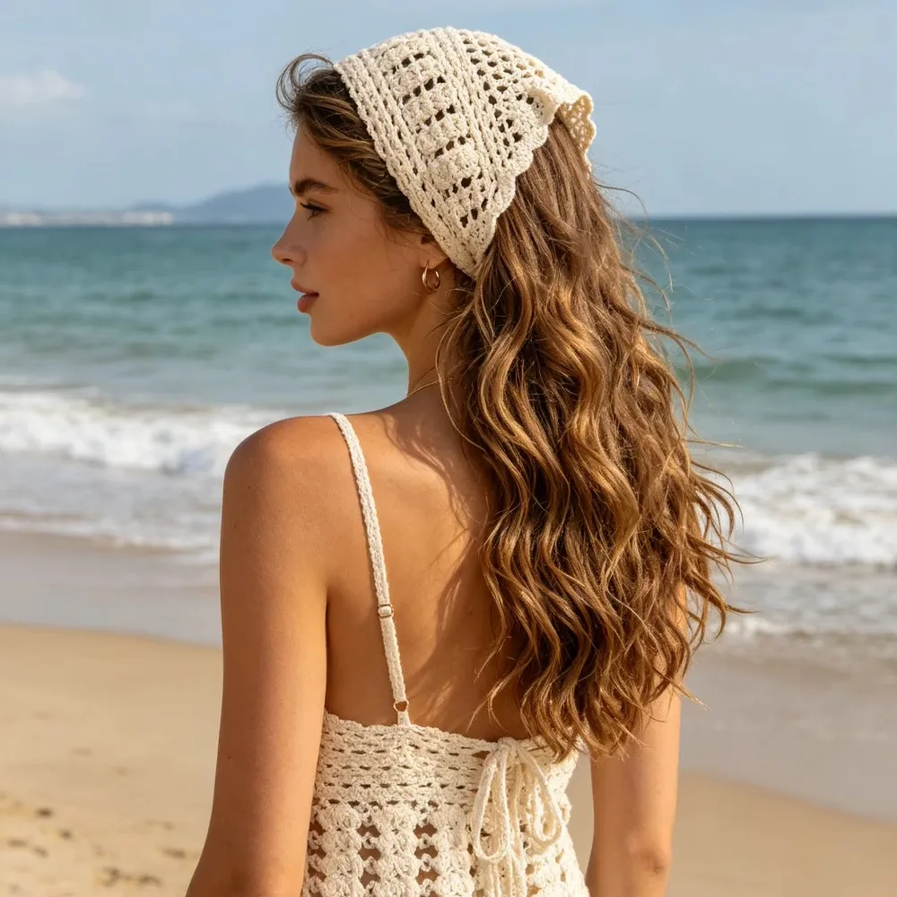 Sweet Hollow Out Knitted Headband Soft Handmade Crochet Headwrap Solid Color Triangle Headscarf Bandana Women