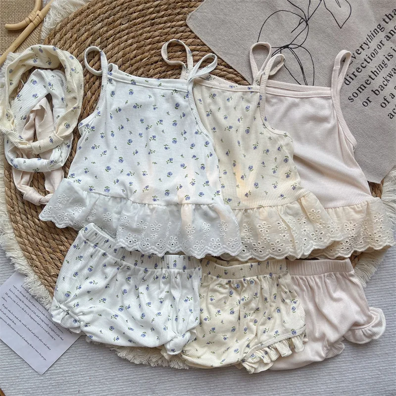 

Newborn Kids Summer Sets 2025 New Casual Daily Lightweight Floral Print Strap Top + Shorts + Hair Band 3-Piece Set