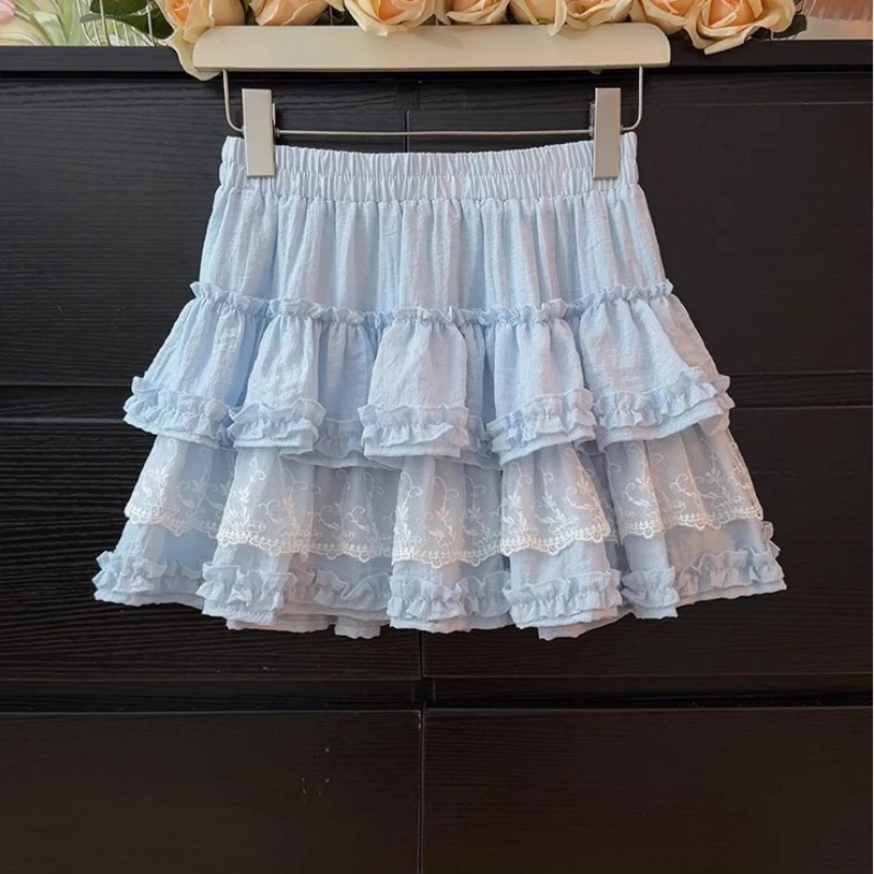 New Summer Lace Patchwork Skirts Women's Clothes High Waist A-line Jupe Fashion Sweet Tunic Mini Skirt 2025 Faldas Mujer De Moda