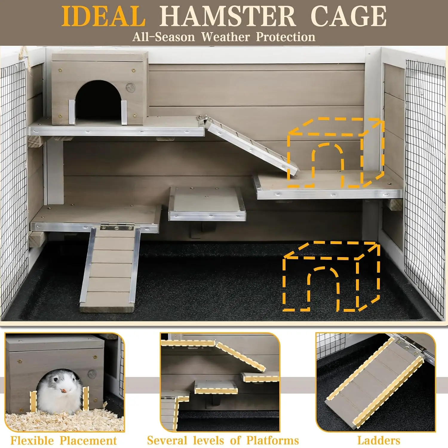 Wooden Hamster Cage Indoor with Stand and Storage Shelf, 3-Tier Small Animal Habitat with Clear Front Window,, Customized