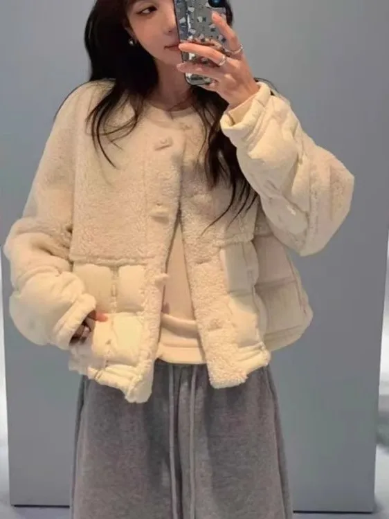 

Lamb Fur Trimmed Short down Jacket Women's Fashion Winter Warm Outerwear Padded Coat Lightweight Luxury Style Loose Fit