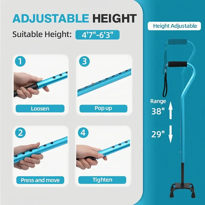 Adjustable Telescopic Folding Walking Stick 3-Section Portable Cane with Soft Handle 4-Prong Base for Seniors Daily Use