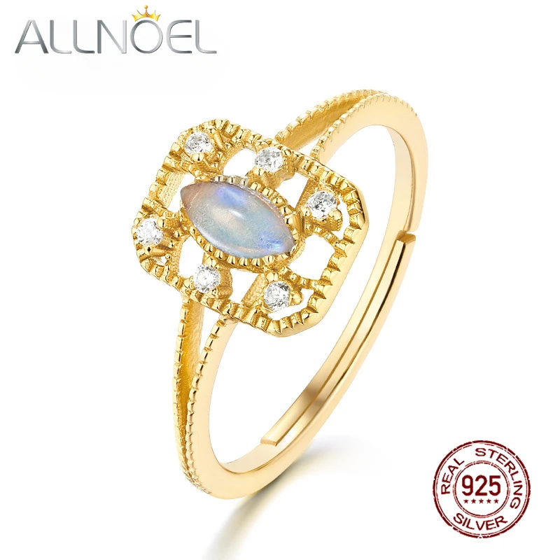 

ALLNOEL Vintage Moonstone Ring Silver 925 Open Size Gold Plated for Women Palace Style Hollow Out Design Birthday Party Gifts