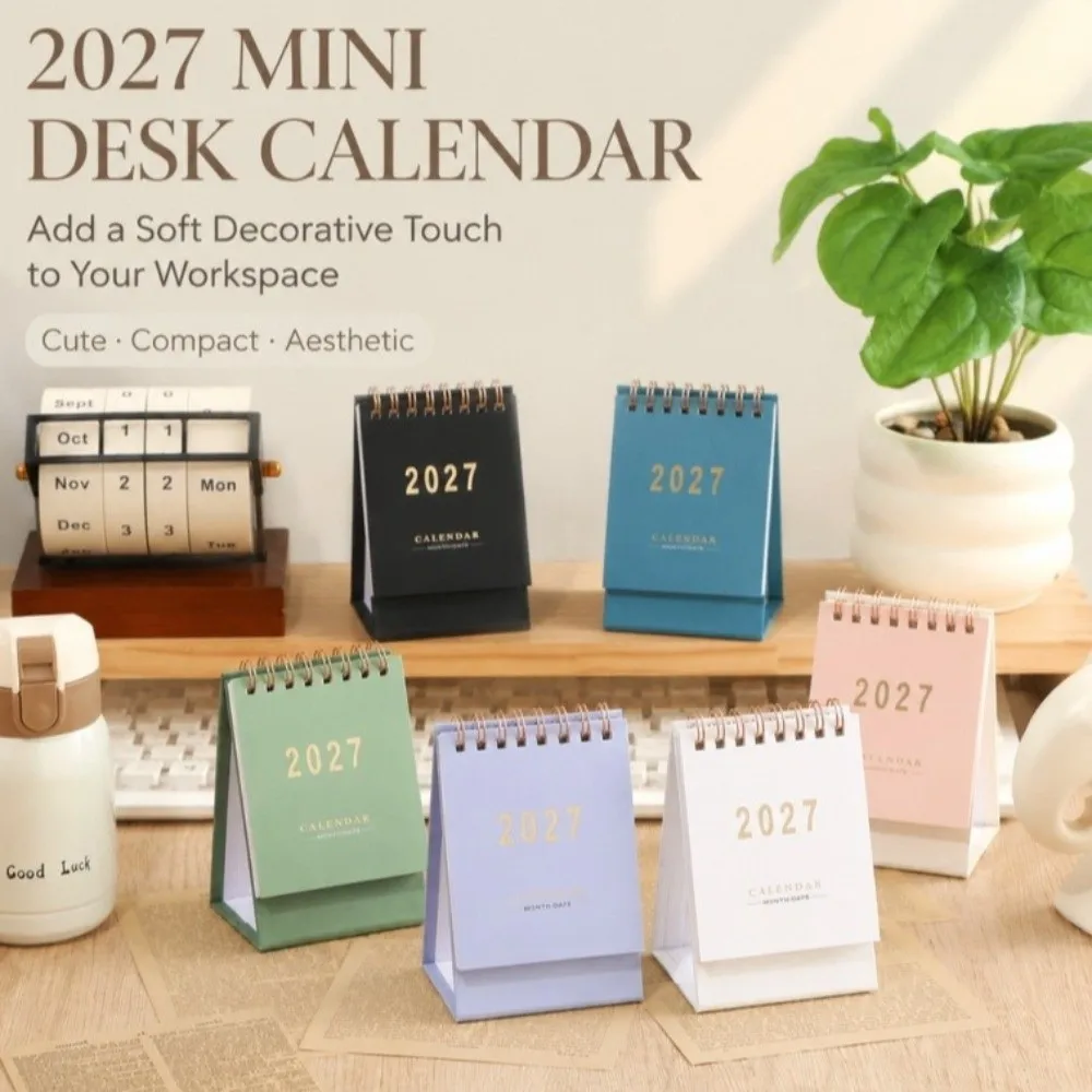 Vertical 2027 Mini Calendar Thick Paper Gold-stamped Standing Desk Calendar English Gold Foil Spiral Calendar Home Office