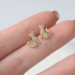 Huitan Cute Gold Color Cat Stud Earrings Female Delicate Shiny Zirconia Accessories for Daily Life Teen Girls Exquisite Jewelry