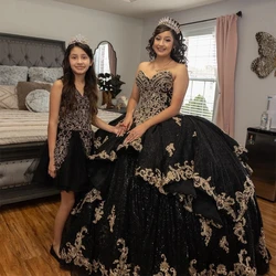 ANGELSBRIDEP Ball Gown Quinceanera Dresses Vestidos De 15 Anos Black And Gold Appliques Princess Birthday Party Gowns Lace-up