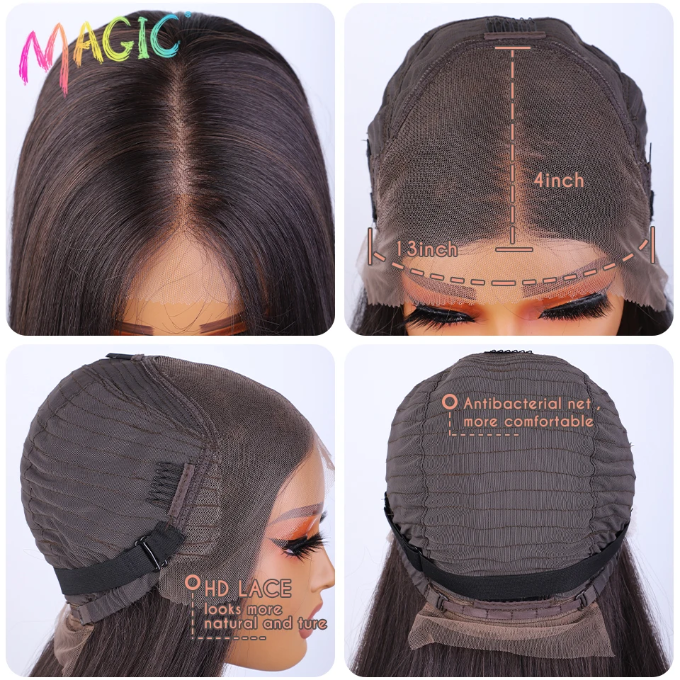 Peruca dianteira do laço sintético mágico para mulheres, cabelo reto do bebê, Bob peruca, 22 ", marrom, cosplay