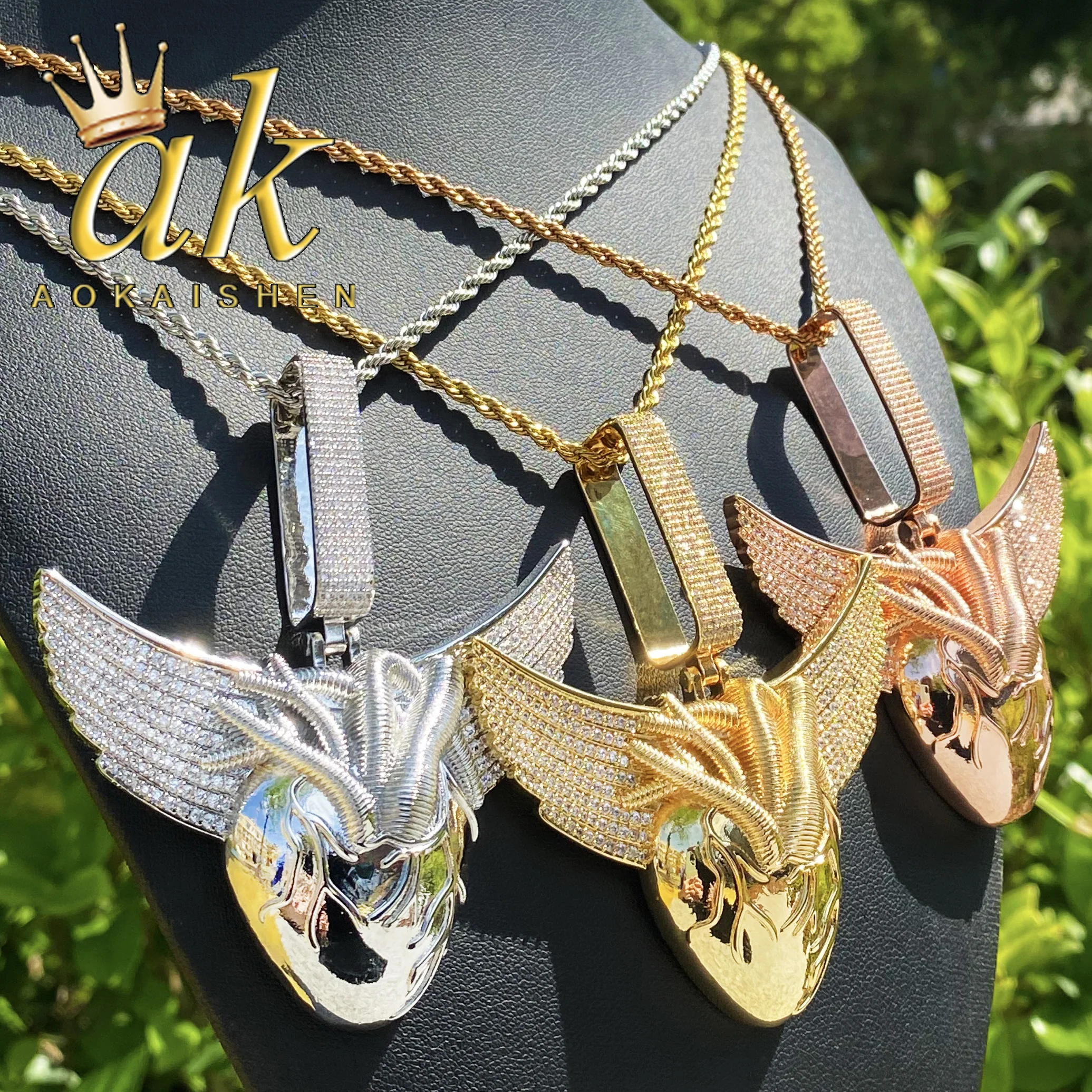 

Aokaishen Iced Out Heart Wing for Men Necklace Pendant Real Gold Plated Cubic Zirconia Hip Hop Jewelry