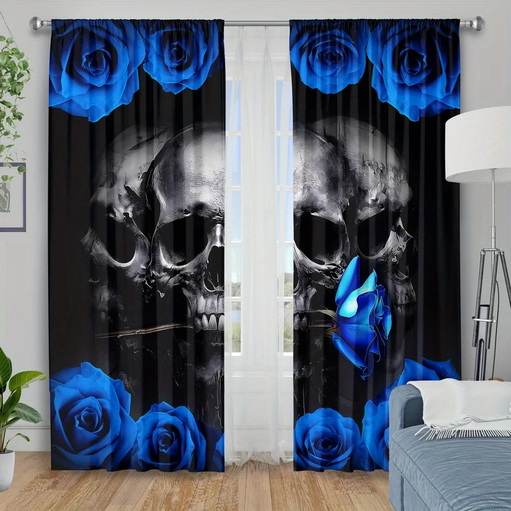 

2pcs Blue Rose Skull Curtains Gothic Dark Print Blackout Drape Living Room Bedroom Window Treatment Home Decor