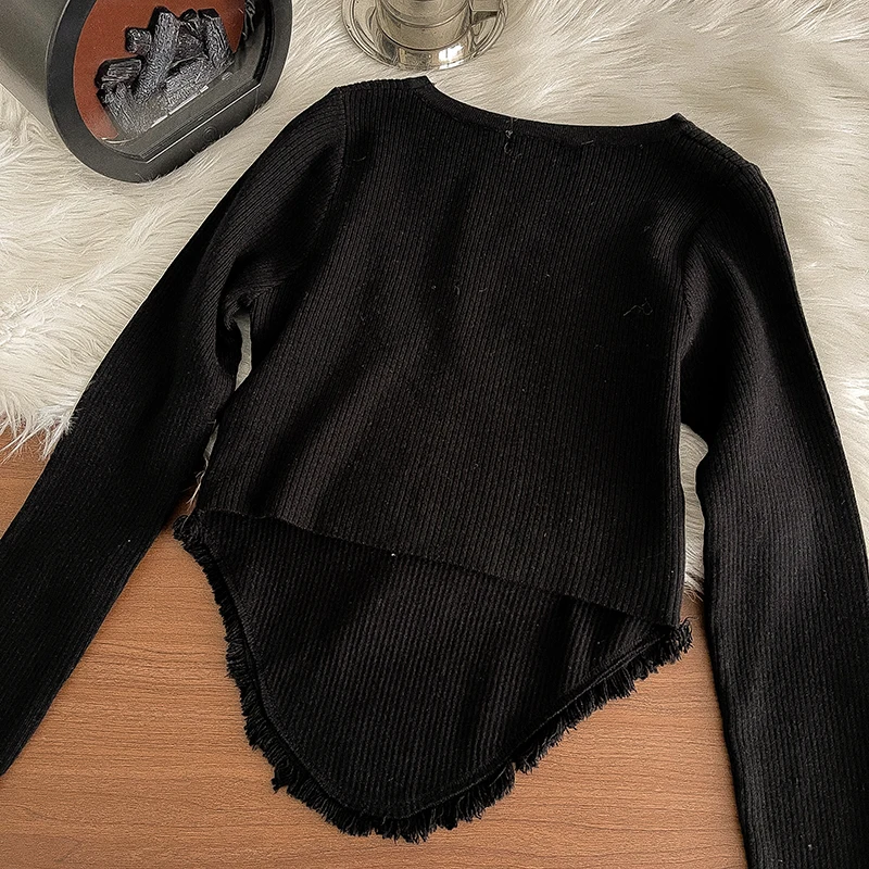 Elegant Fashion Solid Tassel Sweater Winter New Women's Irregularity Slim Pullover Korean Temperament Knitwear Tops