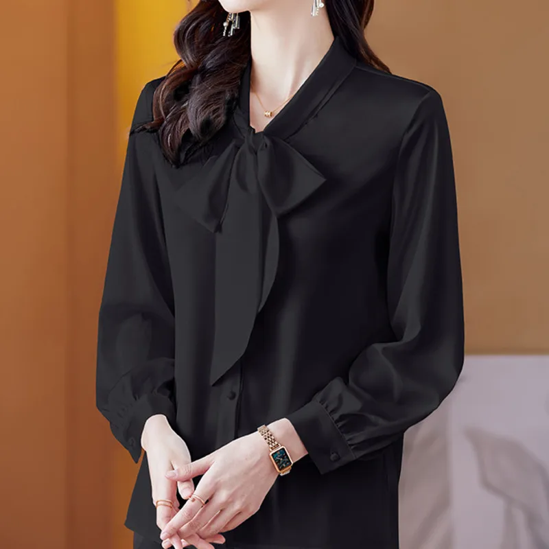 #2513 Spring 2023 Chiffon Shirts Women Bow Collar Long Sleeve Shirt Black White Green Red Office Shirts Ladies Elegant Shirts