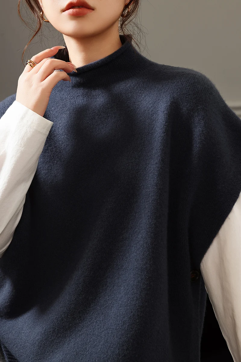 

Женский свитер без рукавов из 100% мериносовой шерсти, однотонный, вязаный, с высоким воротником, осенне-зимняя повседневная одежда, топ