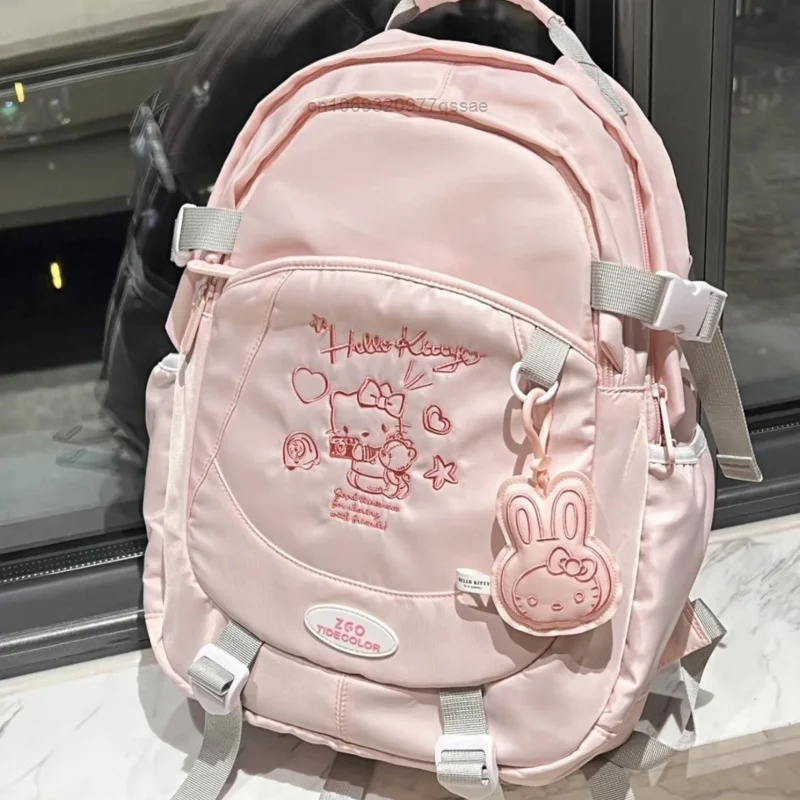 Sanrio mochilas con patrón bordado de Hello Kitty, mochilas escolares de alta estética, mochila grande para estudiantes universitarios con dibujos