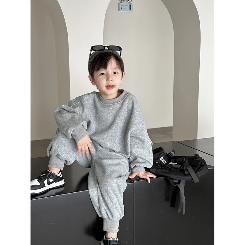 Cool Boy Minimalist Solid Color Sports Suit Korean Version Children Loose Pure Cotton Texture Hoodie Kids Popular Two-piece Set