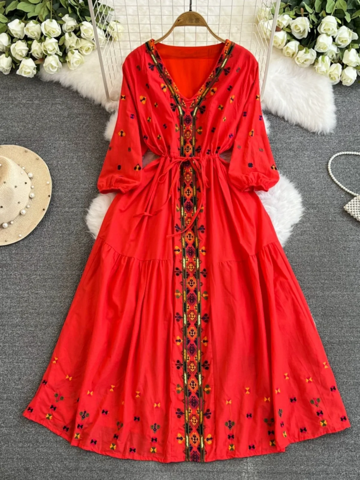 Ethnic Style Mexician Slim Embroidery V-neck Dress 3/4 Sleeve Lantern Female Black Seaside Holiday Bohemian Vestidos Women