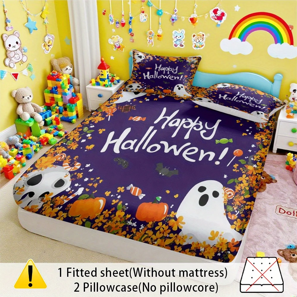 3-Piece Halloween Bedding Set, Deep Purple, Includes Fitted Sheet and Pillowcases, with the Text 
